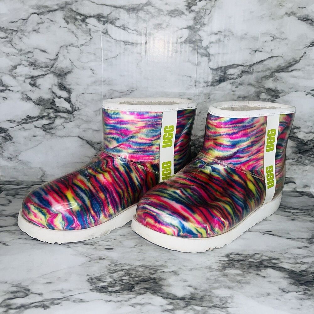 UGG Classic Clear Mini Pixelate Rainbow Boots Women's 6 Waterproof Multicolor